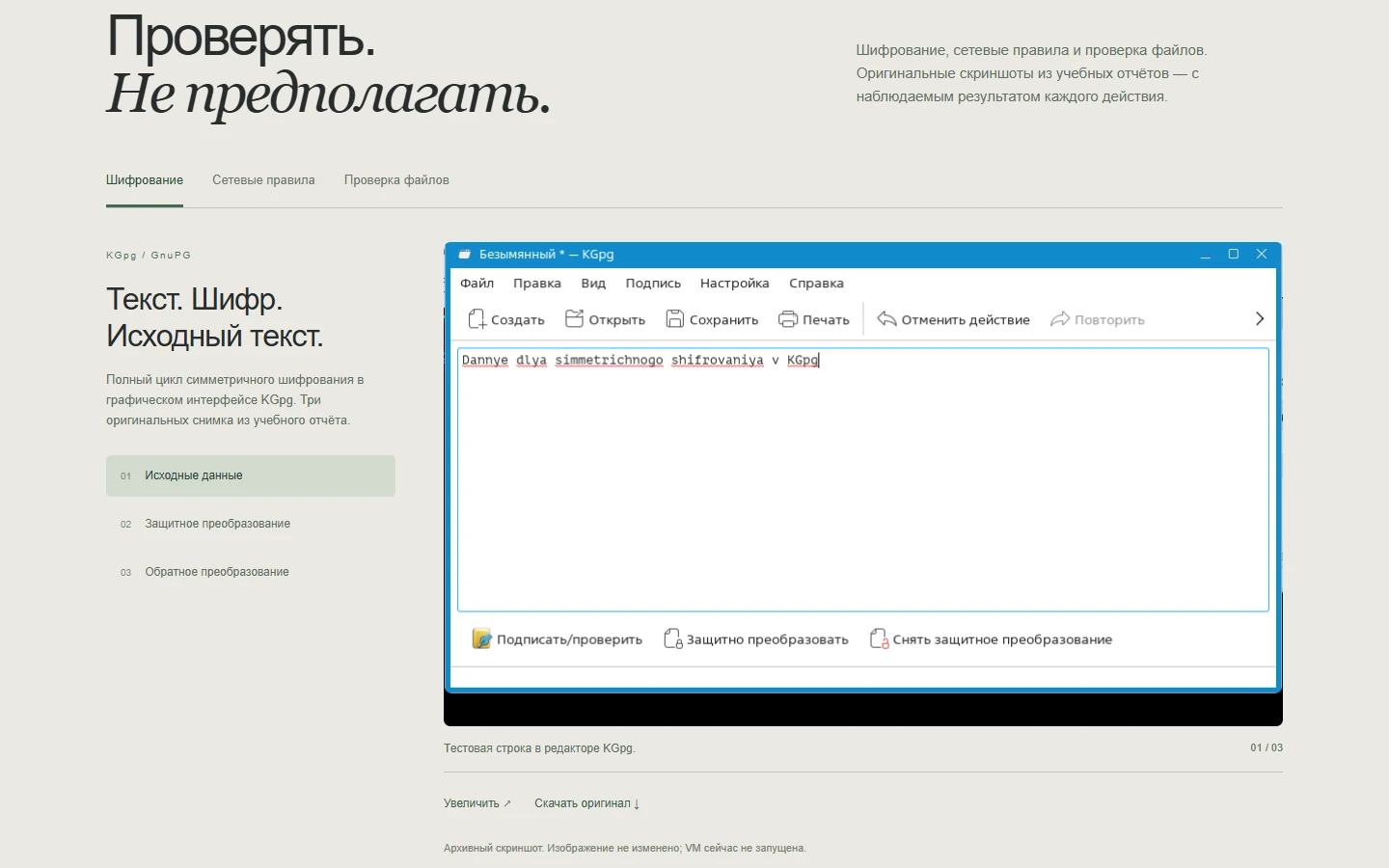 Архивный кадр KGpg из учебного отчёта внутри презентационного viewer
